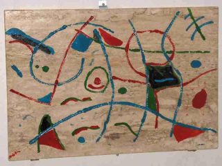 Mirò Number one pittoscultura 60x80 smalto su marmo travertino.
Selezionato Mostra internazionale "Punto di fuga del Pensiero" Genova