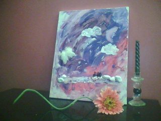il mio mondo fantastico..
visto che adoro il viola .. il lilla il fuxia.. colori che vivono nella mia casa... ho fatto questo quadro di un ipotetico paradiso.. ce' la biciclettina.. le ali dell'angelo..
sassi..
nuvole.. luna..