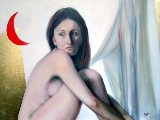 modella nel mio studio, olio e lamina d'oro su tela,cm. 80 x 60, 2007