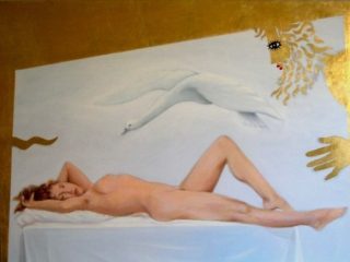 "Leda e il Cigno", olio e foglia d'oro su tela, cm. 120 x 100