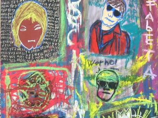 ANALFABETHART FECTOY...dedicato a andy Warhol beck basquiat..pannello in legno 50x100 acrilico tempera pastelli a olio anno 2006 collezione privata Lello Guerieri