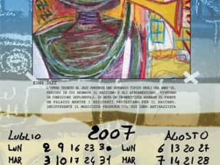 basko calendario2007 luglio agosto kin jazz panello in legno 60x80 tempera acrilico pastelli a olio anno 2001