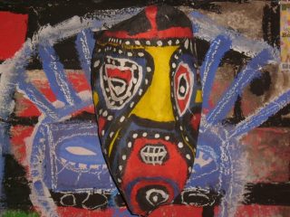 BASKO maschera..rete giornali colla acrilico tempera pastelli a olio smalto anno 2005