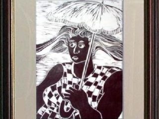 Mulher com sombrinha, linocut, 20x30, 2005