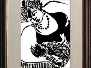 Mulher com gato, woodcut, 15x20, 2005