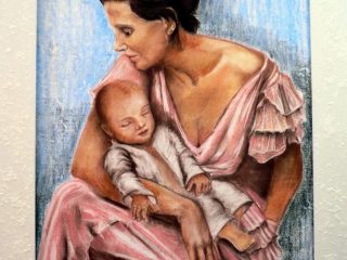 MADRE CON BAMBINO
70cm x 45cm crete colorate su mdf
cornice eseguita dall' artista
con rilievi