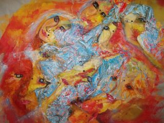 "Donne con il velo"
Acrilico, stoffa,giornali, stucco,colla su tela
110x80