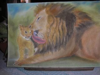 León y sy cría,pintura pastel
