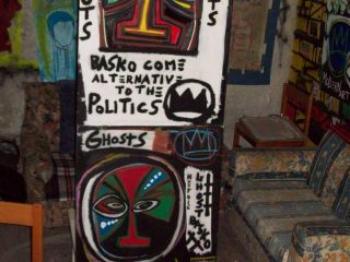 dittico basko eroico come alternativa alla politica scaccia fantasmi anno 2009 tempera acrilico olio pastelli a olio supporto panello carta compressa 100x50