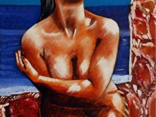 " Abbandono al sole "
Olio su tela 
70 x 50  cm
Stupendo corpo femminile abbandonato al sole di Calabria , tra gli scogli ed un mare invitante per il rinfresco dalla calura estiva.