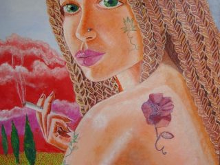 Titolo dell'opera : La Fumatrice.serie "Figli dei Fiori". Olio su tela.60x80