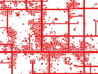 Città 682 Rossa con veicoli, 70x70cm, grafica digitale, 2011 di Marco Baj
