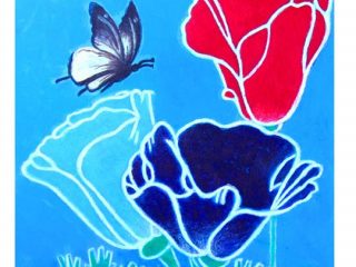 \" Tre fiori e farfalla \", 2024, acrilico su tela, 50 x 50 cm.
