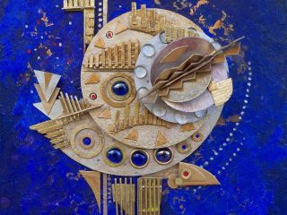 Racconto della notte blu 2011, pittoscultura in teca cm 40x40x8