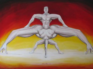 Composizione su fondo rosso.  Anno 2009,  cm  120 x75