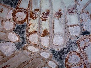 Fermare le mani. Anno di realizzazione 2004 dimensioni 50 x 80 circa. Tecnica mista su masonite.