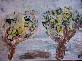 Agrumeto in tecnica mista su masonite.