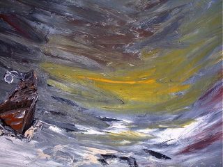 Barca avvolta dal cielo e dal mare. Tecnica mista su masonite. Dimensioni 50 x 70. Anno di realizzazione 2004.