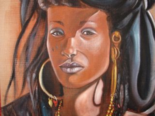 Giovane mamma tuareg in Niger- Olio su tela di sacco - 80 x 80