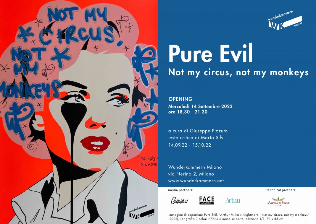 Pure Evil – Not my circus, not my monkeyshttps://www.exibart.com/repository/media/formidable/11/img/0db/WK_Pure-Evil_Invitations_Opening-1068x758.jpg