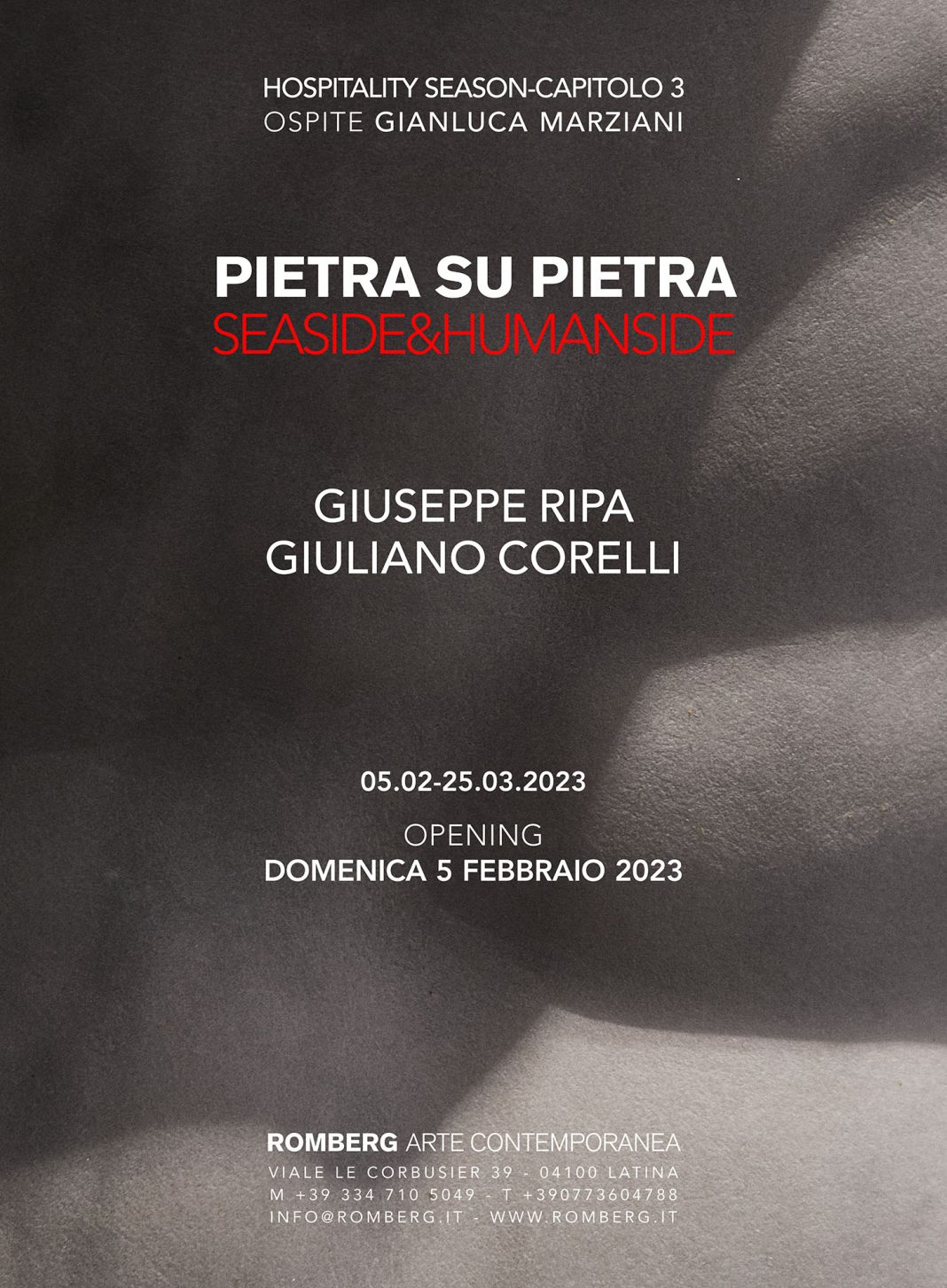 Giuseppe Ripa / Giuliano Corelli – Pietra su Pietra [Seaside&Humanside]https://www.exibart.com/repository/media/formidable/11/img/264/Pietra-su-Pietra-Inaugurazione-Romberg-1068x1453.jpg