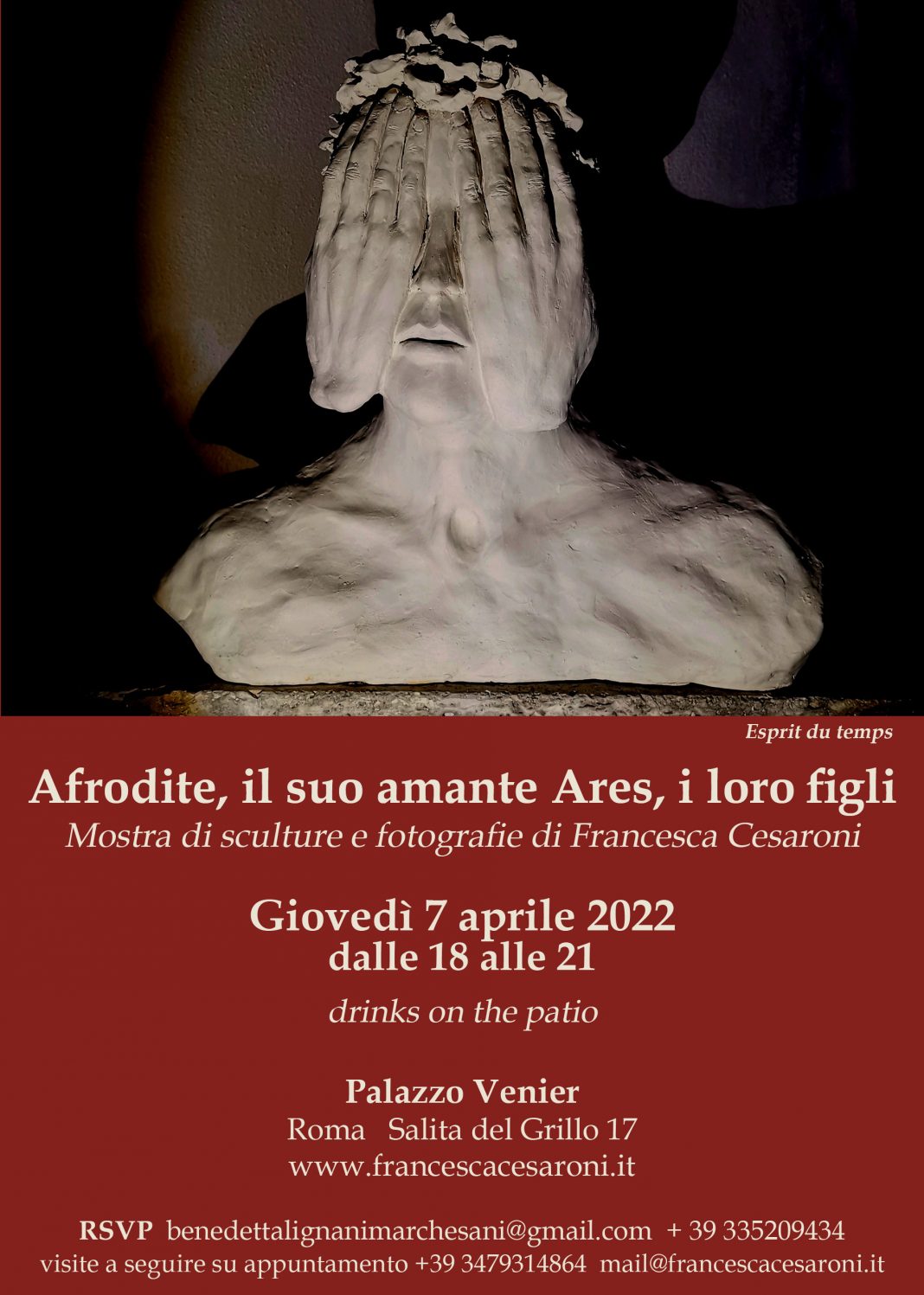 Francesca Cesaroni – Afrodite, il suo amante Ares, i loro figlihttps://www.exibart.com/repository/media/formidable/11/img/541/INVITO-Afrodite-il-suo-amante-Ares-i-loro-figli.-Mostra-di-sculture-e-fotografie-di-Francesca-Cesaroni-Roma-Palazzo-Venier-Giovedì-7-aprile-2022-1068x1497.jpg