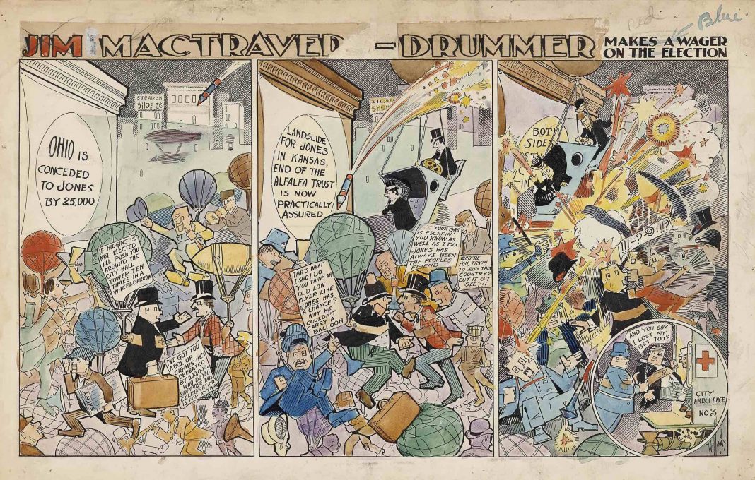 STRIP ART. Sogni e realismo nei primi maestri del fumettohttps://www.exibart.com/repository/media/formidable/11/img/872/06_Carl-B.Williams_Jim-Mac-Travers_Drummer_Sunday-page_1908-1068x680.jpg