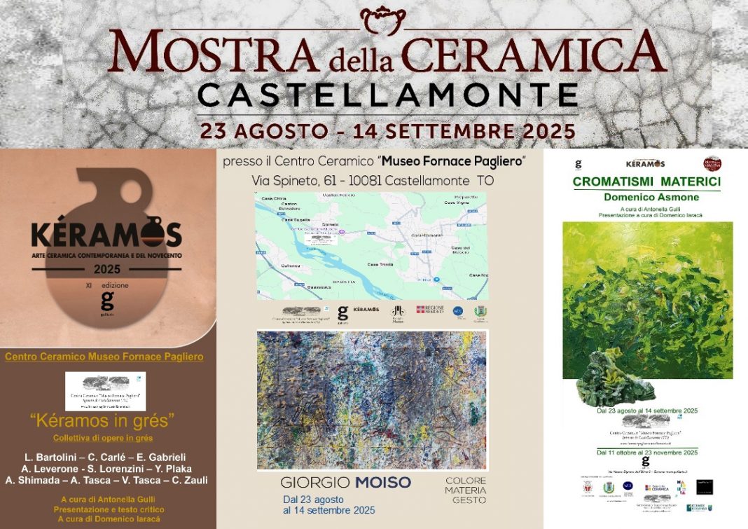 Mostra della ceramica di  Castellamonte – GIORGIO MOISO, COLORE, MATERIA, GESTO – KÉRAMOS IN GRÉS – DOMENICO ASMONE CROMATISMI MATERICIhttps://www.exibart.com/repository/media/formidable/11/img/96c/MOSTRE-GULLIARTE-A-CASTELLAMONTE--1068x755.jpg