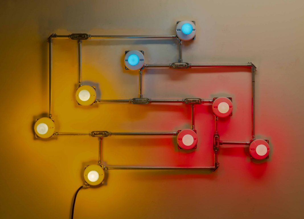G. T. Pellizzi – Illuminationshttps://www.exibart.com/repository/media/formidable/11/img/9f1/G.T.-Pellizzi-Schematic-Color-Composition-Diagram-4-2020-steel-conduit-insulated-copper-wire-porcelain-lamp-holders-and-ceramic-coated-light-bulbs-84x128cm-1068x769.jpg