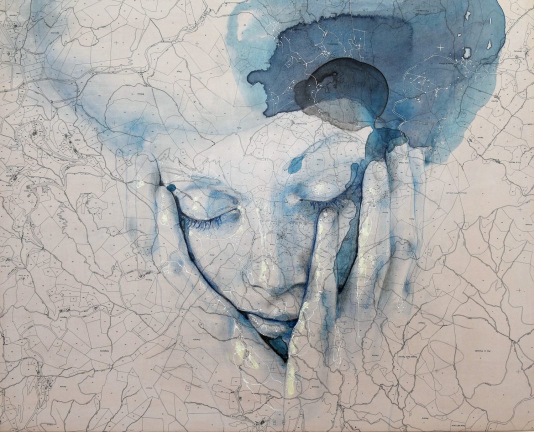 Laura Serafini – Frammenti di SpazioTempohttps://www.exibart.com/repository/media/formidable/11/img/bed/OPERA-1-my-space-laura-serafini-2021-55x67-china-carboncino-olio-pastelli-su-vecchia-mappa-applicata-su-tavola-1068x864.jpg