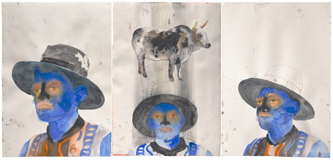 Trevor Gould – Ancestral Memory and Speculative Futureshttps://www.exibart.com/repository/media/formidable/11/img/d70/Trevor-Gould_Blue-man-with-cow-2025-51-x-75-cm-watercolor-on-paper_riproduzioni7019_low-1068x513.jpg