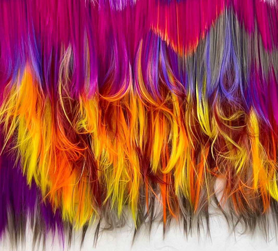 FIRE in the garden of EDENhttps://www.exibart.com/repository/media/formidable/11/img/dc8/Hiva-Alizadeh-_-Untitled_-Synthetic-Hair-on-canvas-and-wood_-2023-1068x965.jpg