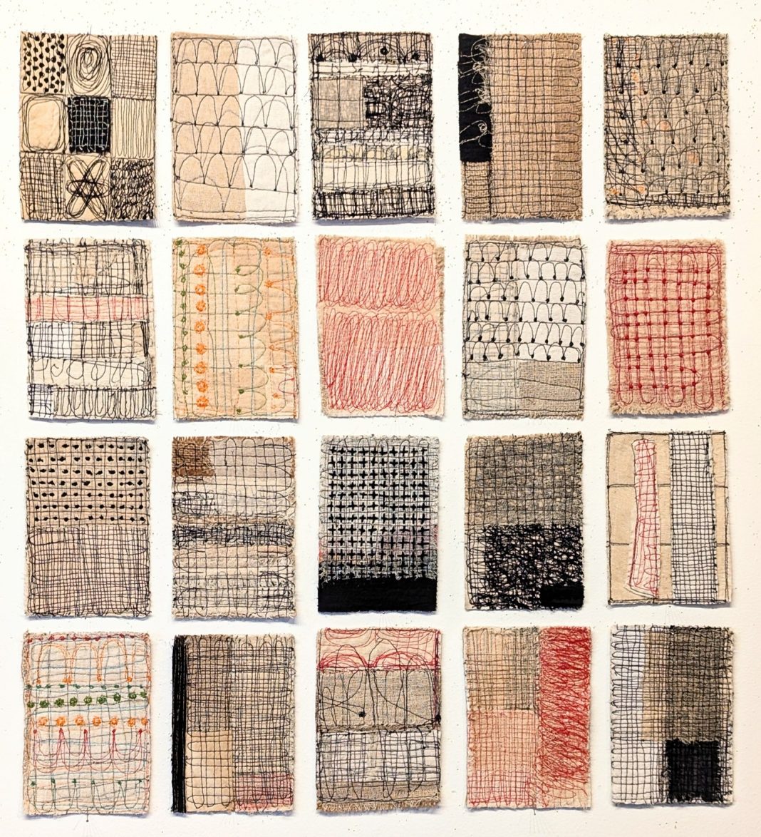 Patricia Kelly – Stitched lineshttps://www.exibart.com/repository/media/formidable/11/img/dfc/Patricia-Kelly-Installation-of-20-Stitched-Drawings-Each-15.5-x-10.5cm-2024.-Machine-stitch-on-collage-of-recycled-and-naturally-dyed-textile.-1068x1174.jpg
