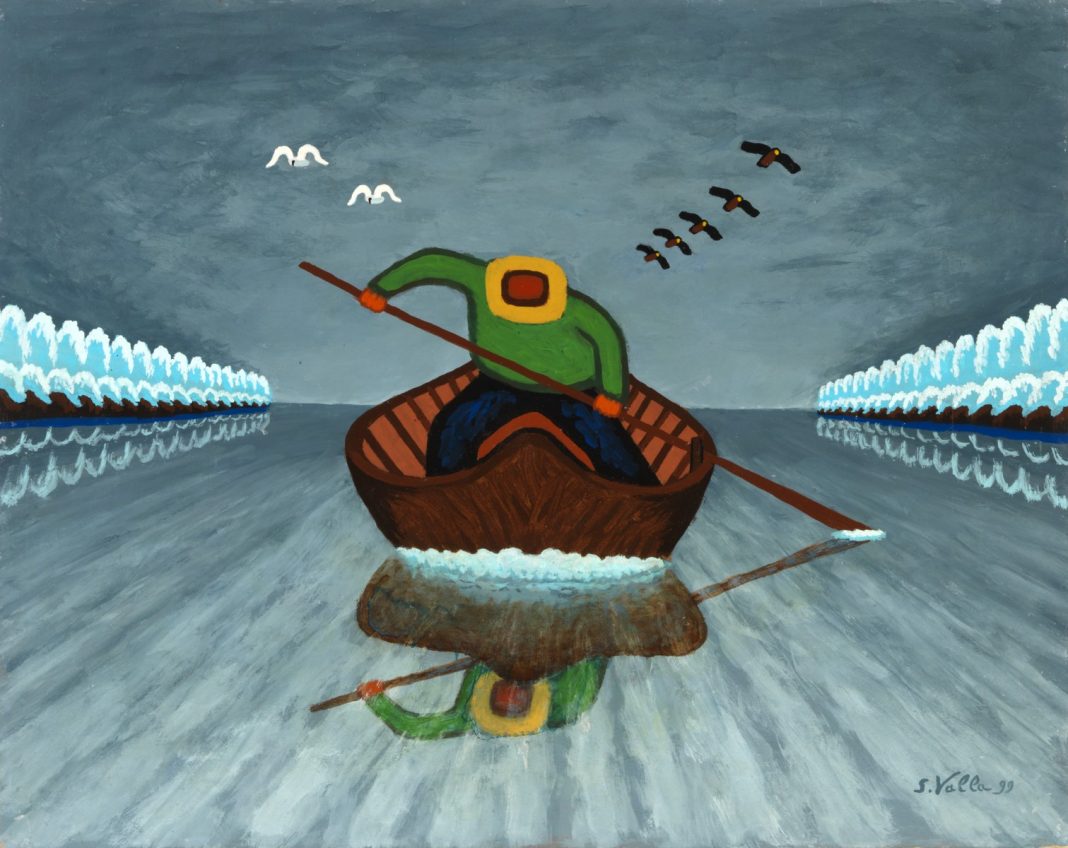 Serafino Valla. Il cielo sopra le nuvole – Quando Spiritualità e Filosofia dialogano con l’Eternitàhttps://www.exibart.com/repository/media/formidable/11/img/f5a/Serafino-Valla-Il-barcaiolo-nel-fiume-Po-1999-acrilico-su-faesite-40x50-cm.-Ph.-Antonella-Pizzamiglio-1068x848.jpg