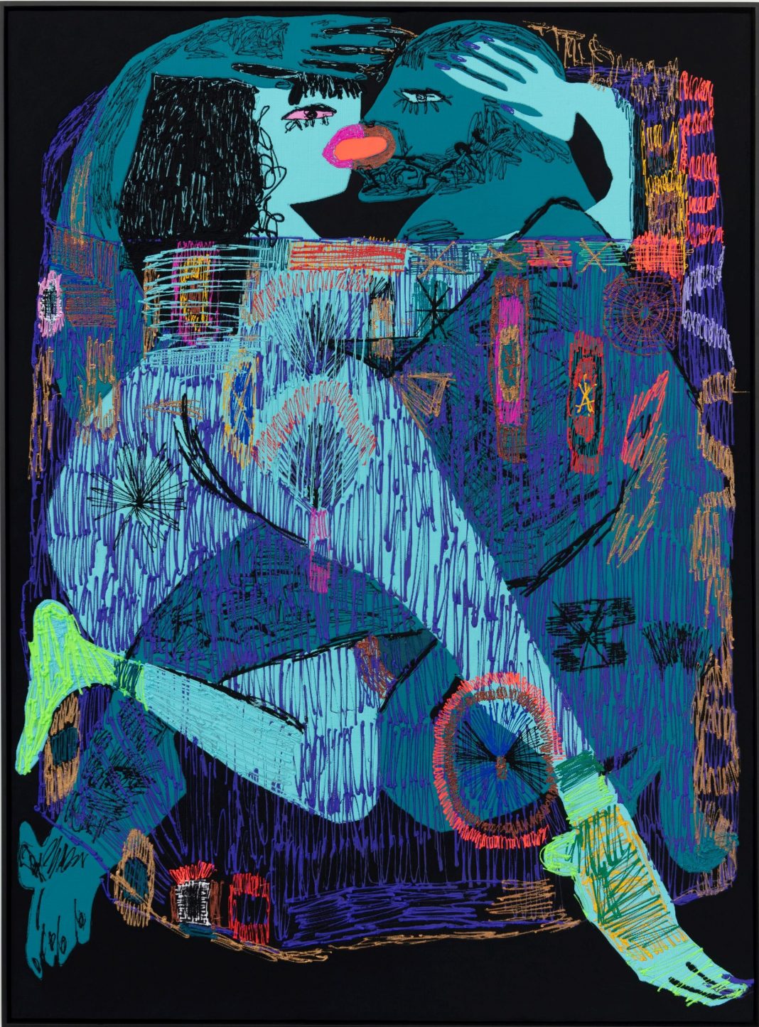 Summer Wheat. Kiss and Tellhttps://www.exibart.com/repository/media/formidable/11/img/f98/Summer-Wheat-Lovers-2023-acrylic-paint-and-gouache-on-aluminum-mesh-238.8x172.7cm-1068x1445.jpg